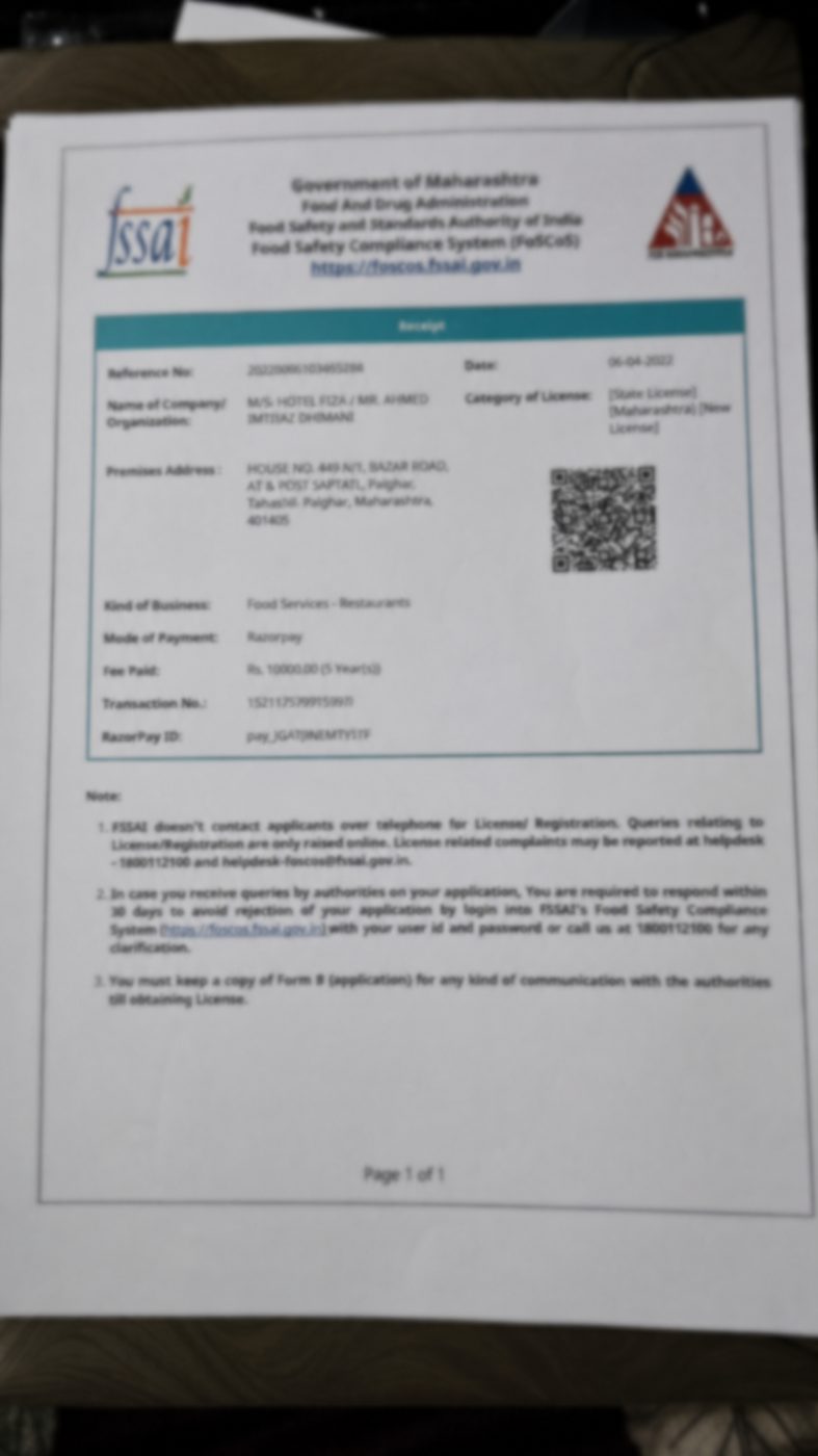 FSSAI food safety license certificate for the restaurant at this Palghar hospitality property